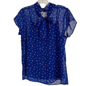 Pleione 2 piece Blue Tank Under Sheer Floral‎ Cap Sleeve Top with Tie Small NWT